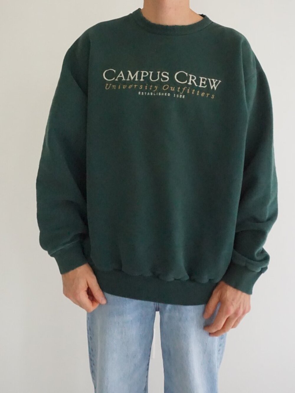 Vintage Campus Crew Forest Green Spellout University Outfitters 90s Sweatshirt L